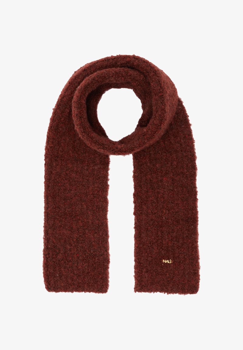 Sciarpa bordeaux in morbido materiale testurizzato. Caratterizzata da un design ad anello e un piccolo logo dorato in accent. Forma rettangolare, adatta per essere indossata a strati.