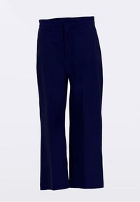 Pantalones de pierna ancha color azul marino confeccionados en una tela suave, con una pretina estándar y bolsillos delanteros, que presentan un diseño limpio y entallado.