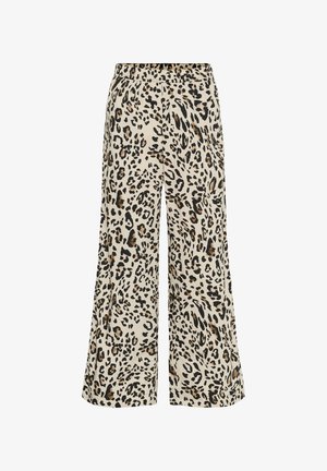 Leopardi mustriga laiad püksid, millel on elastne vöökoht. Kanga pind on sile, neutraalse beeži taustaga, millel on mustad ja pruunid laigud.