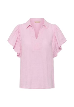 Világos rózsaszín blúz rövid, fodros, lebegő ujjakkal, V-nyakkivágással gallérral és bő, laza szabással.