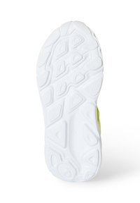 Podeszwa buta wykonana z białej gumy z teksturowanym wzorem, zawierająca geometricalne kształty i rowki dla lepszej przyczepności, z jasnoniebieskim akcentem po bokach.