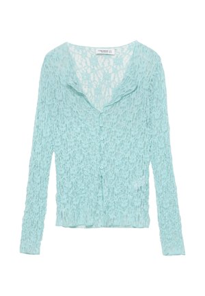 Cardigan azzurro chiaro con un design a maglia aperta e testurizzata, caratterizzato da un collo a scialle e una chiusura con bottoni sul davanti. Maniche lunghe completano il look.