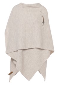 Hellbeige Poncho aus strukturiertem Strickstoff. Verfügt über eine dreieckige Form und eine seitliche Akzentuierung mit einer Nadel für einen optionalen Verschluss.