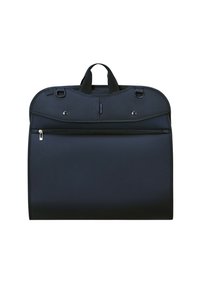 Schwarze Stoff-Garment-Bag mit einem oberen Griff, einem Reißverschluss-Vordertasche und Druckknopfverschlüssen. Verfügt über eine glatte Textur und eine strukturierte Form.