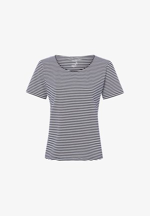 Black and white horizontal striped short-sleeve t-shirt with a round neckline, displayed on a white background.