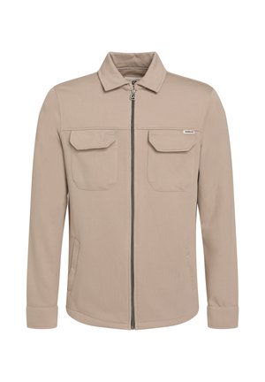 Beige long-sleeve jacket with front zipper, two chest flap pockets, and side pockets, featuring a small brand tag on the right chest pocket.