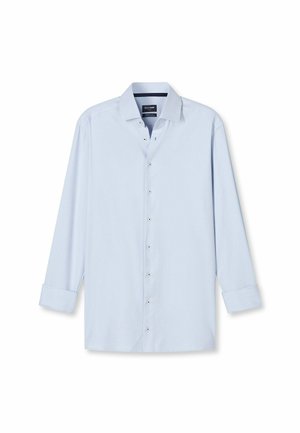Hellblaues Langarmhemd mit Button-Down-Kragen, vorderer Knopfleiste und umgeschlagenen Manschetten. Hergestellt aus glattem Stoff mit einem schlichten Design.