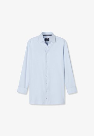 Hellblaues Langarmhemd mit Button-Down-Kragen, vorderer Knopfleiste und umgeschlagenen Manschetten. Hergestellt aus glattem Stoff mit einem schlichten Design.