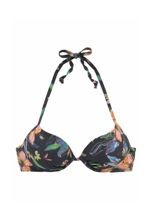 Black bikini top with colorful tropical floral print and halter neck tie straps on a white background.
