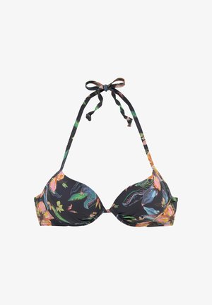 Black bikini top with colorful tropical floral print and halter neck tie straps on a white background.