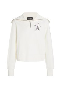 White sweatshirt with a half-zip collar, featuring a graphic of the Eiffel Tower and text. Smooth texture, relaxed fit, and ribbed cuffs.