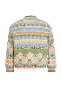 Spalvinga megzta striukė su raštuotu dizainu, turinti žalius, oranžinius, levandinius ir geltonus dryžius. Raštuotos rankovės ir apykaklė.