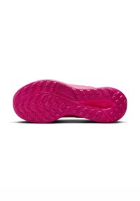 Suela de zapatilla de goma de color rosa vibrante con patrón texturizado para tracción. Presenta un diseño curvado y surcos poco profundos para mayor flexibilidad.