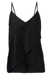Svart linne med V-ringning, tunna justerbara band och en draperad asymmetrisk framsida i lätt tyg.