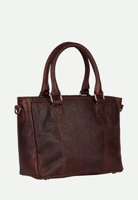 Sac à main en cuir marron avec double poignées, forme rectangulaire, finition texturée et accents en métal argenté. Présente des détails cousus.