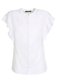 Blusa bianca con maniche corte a volant, scollo rotondo e chiusura frontale con bottoni. Tessuto morbido, design casual, materiale leggero.