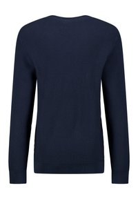 Navy knitted sweater with long sleeves, round neckline, textured fabric, and ribbed cuffs. Features side slits at the hem for added detail.