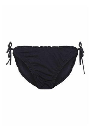 Czarny dół bikini wykonany z elastycznego materiału. Posiada regulowane sznurki po bokach oraz marszczoną fakturę wzdłuż krawędzi.