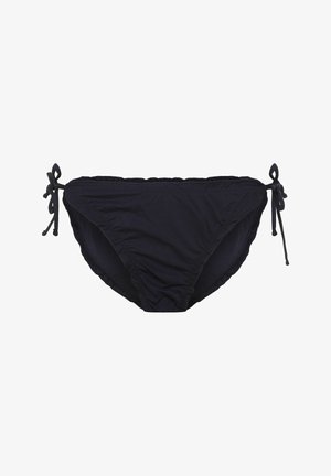 Czarny dół bikini wykonany z elastycznego materiału. Posiada regulowane sznurki po bokach oraz marszczoną fakturę wzdłuż krawędzi.