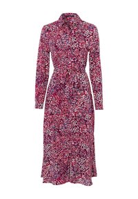 Robe midi à manches longues avec col et ceinture nouée, présentant un motif floral multicolore dense dans des tons de rouge, rose, bleu et blanc.