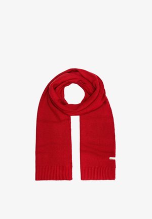 Czerwony, dziergany szalik z prążkowanymi końcami, gładką fakturą i prostym wzorem. Zawiera małą metkę z jednej strony.