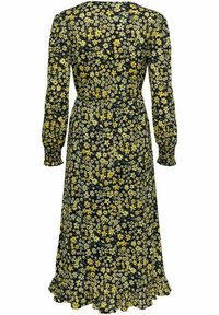 Vestido negro floral con flores amarillas y blancas, de mangas largas, cintura ajustada y dobladillo con volantes. Confeccionado en una tela ligera.