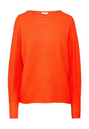Pull-over côtelé orange avec un col large et des manches longues. Texture douce, coupe ample et rayures horizontales sur le tissu.