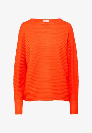 Rippiger orangefarbener Pullover mit weitem Halsausschnitt und langen Ärmeln. Weiche Textur, lässige Passform und horizontale Streifen über dem Stoff.