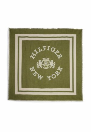 Olive green square scarf with cream borders and central crest featuring two lions and the text "Hilfiger New York" in a circle.