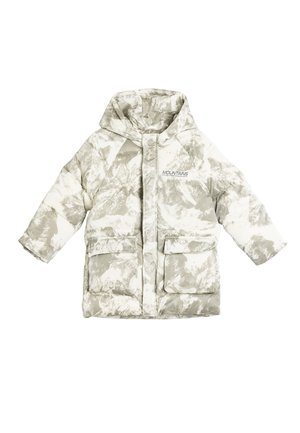 Polstret vinterjakke i lys grå med et marmoreret hvidt mønster, udstyret med hætte, to forlommer og et logo på brystet.