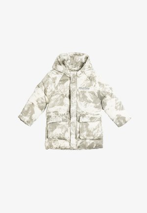 Vaaleanharmaa toppatakki marmorikuvioidulla valkoisella kuviolla, jossa on huppu, kaksi etutaskua ja rintataskussa logo.