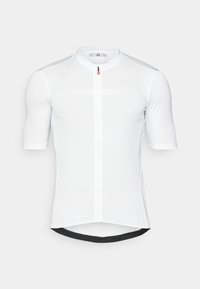 Maillot de cyclisme à manches courtes en blanc, doté d'une fermeture éclair sur toute la longueur à l'avant, d'un col haut et d'un bandeau noir uni à l'ourlet. Fabriqué à partir d'un matériau léger.