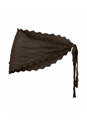 Donkerbruine kanten hoofddoek met geschulpte randen en lange gebonden uiteinden, plat weergegeven tegen een witte achtergrond.