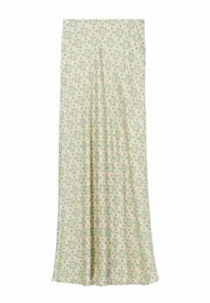 Gonna lunga beige con motivo geometrico e floreale verde, taglio dritto e leggera svasatura all'orlo.