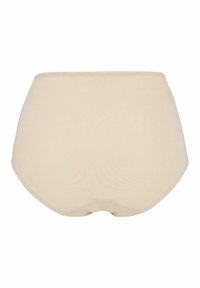 Beige high-waisted ondergoed van zacht, rekbaar materiaal. Kenmerkt zich door een gladde textuur zonder zichtbare naden of versieringen.