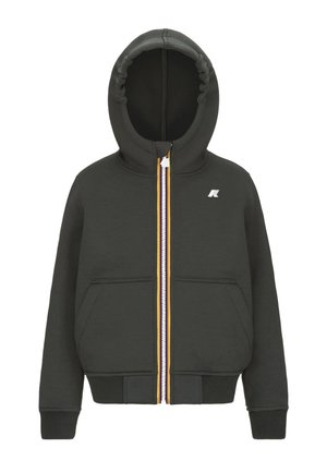 Felpa con cappuccio grigia scura con cerniera frontale, due tasche laterali, polsini elasticizzati e cappuccio con cordino abbinato. Presenta una rifinitura colorata sulla cerniera.