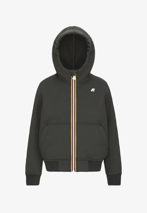 Felpa con cappuccio grigia scura con cerniera frontale, due tasche laterali, polsini elasticizzati e cappuccio con cordino abbinato. Presenta una rifinitura colorata sulla cerniera.