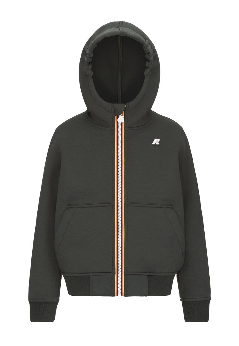 Felpa con cappuccio grigia scura con cerniera frontale, due tasche laterali, polsini elasticizzati e cappuccio con cordino abbinato. Presenta una rifinitura colorata sulla cerniera.