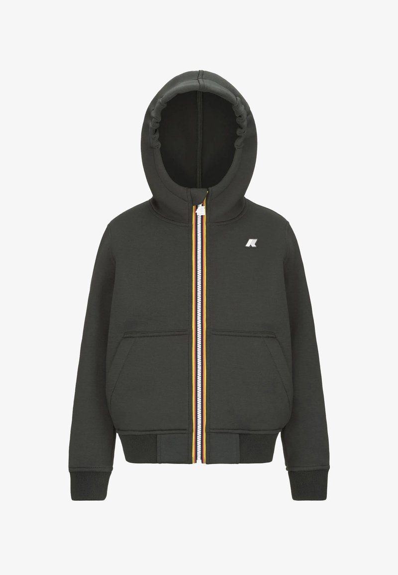 Felpa con cappuccio grigia scura con cerniera frontale, due tasche laterali, polsini elasticizzati e cappuccio con cordino abbinato. Presenta una rifinitura colorata sulla cerniera.