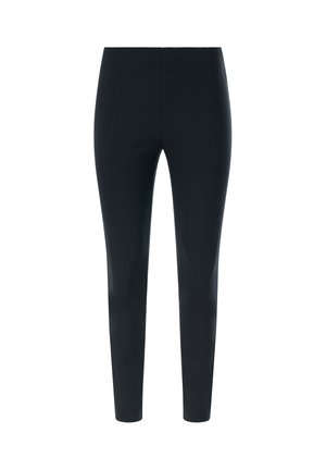 Pantalon noir ajusté avec une texture lisse, présentant une taille haute et des jambes droites. Aucun élément métallique visible ni motif.