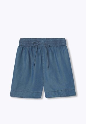 Short en denim bleu avec taille élastique et cordon de serrage à l'avant, design plat devant, et couture simple à l'ourlet.