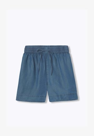 Short en denim bleu avec taille élastique et cordon de serrage à l'avant, design plat devant, et couture simple à l'ourlet.