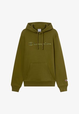 Zielona oliwkowa bluza z kapturem z bawełny, z przednią kieszenią, kapturem ze sznurkiem i logo Champion w jasnej zielonej haftowanej aplikacji.