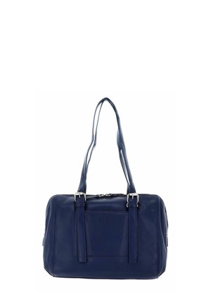 Navy blue leather handbag with a rectangular shape, dual shoulder straps, and silver hardware. Features a front pocket and smooth texture.