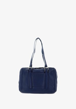 Navy blue leather handbag with a rectangular shape, dual shoulder straps, and silver hardware. Features a front pocket and smooth texture.
