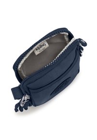 Borse a zip blu navy realizzata in tessuto testurizzato, con un interno di colore chiaro, etichetta del marchio e charm decorativo sulla zip.