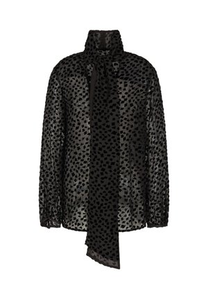 Blusa nera trasparente con motivo geometrico sparso, colletto alto, maniche lunghe e pannello anteriore annodato per un dettaglio aggiuntivo.