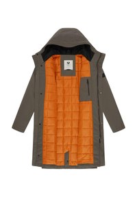 Parka imbottita in tessuto esterno grigio. Interno trapuntato arancione brillante con cappuccio nero a contrasto. Caratterizzato da chiusura frontale a scatto e tasca con zip.