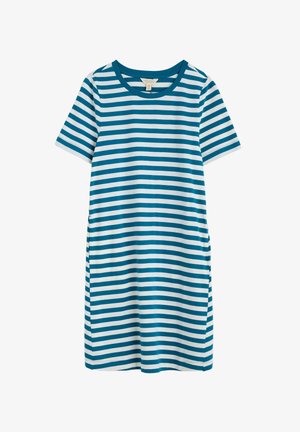 Sukienka w niebiesko-białe poziome paski, z krótkim rękawem, okrągłym dekoltem i długością sięgającą do kolan.