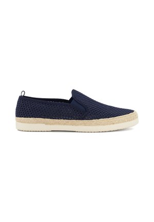 Navy blue slip-on shoe with breathable mesh upper, jute-wrapped midsole, and white rubber outsole, designed for casual wear.